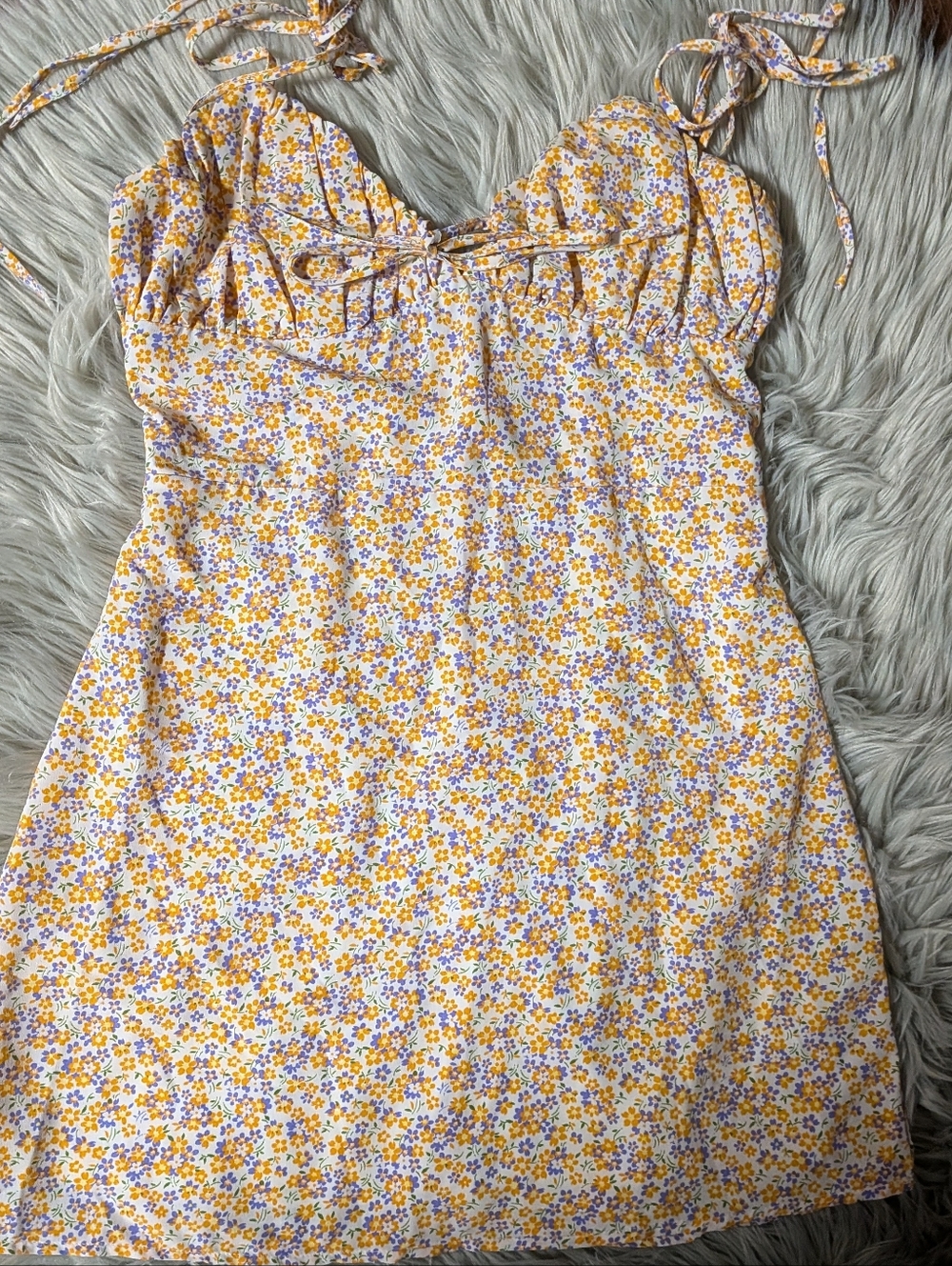 Floral Tie-Shoulder Mini Dress in Yellow & Lavender